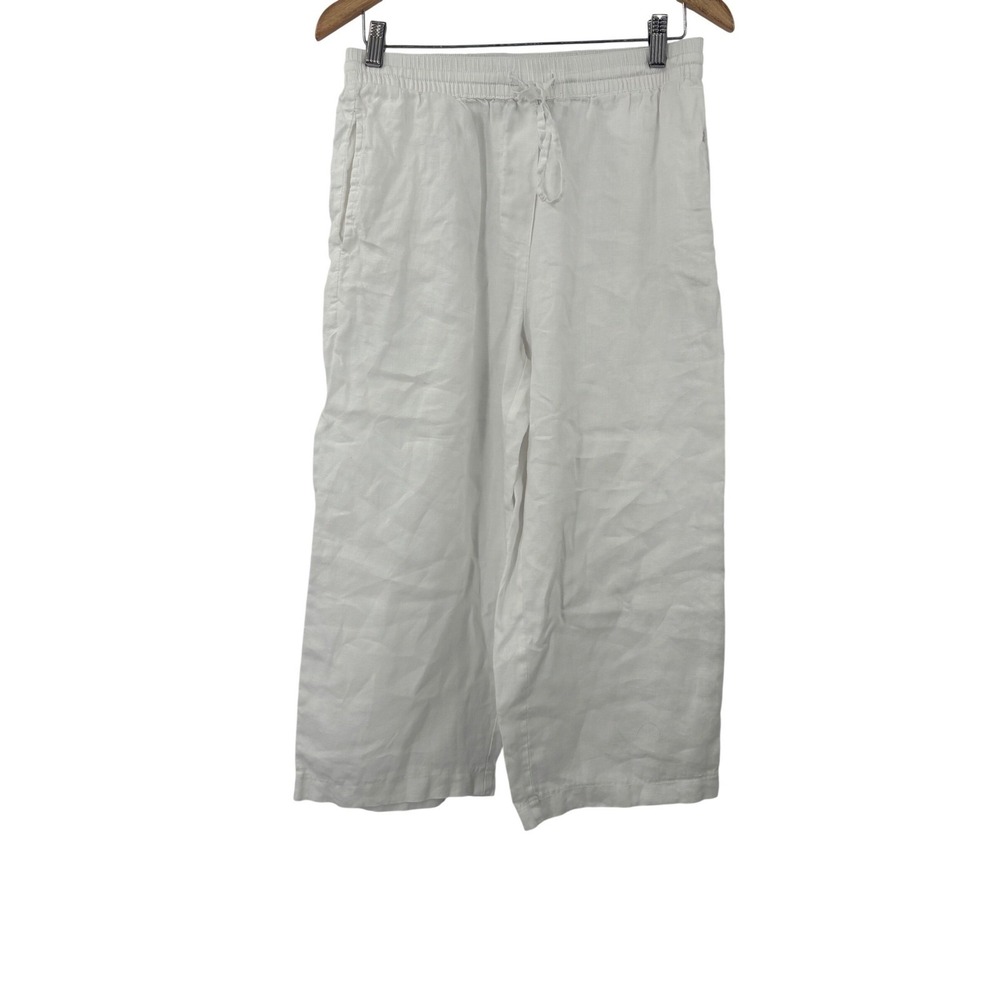 DKNY Pure Linen‎ Pants Womens S White Wide Leg Drawstring Crop Coastal Summer